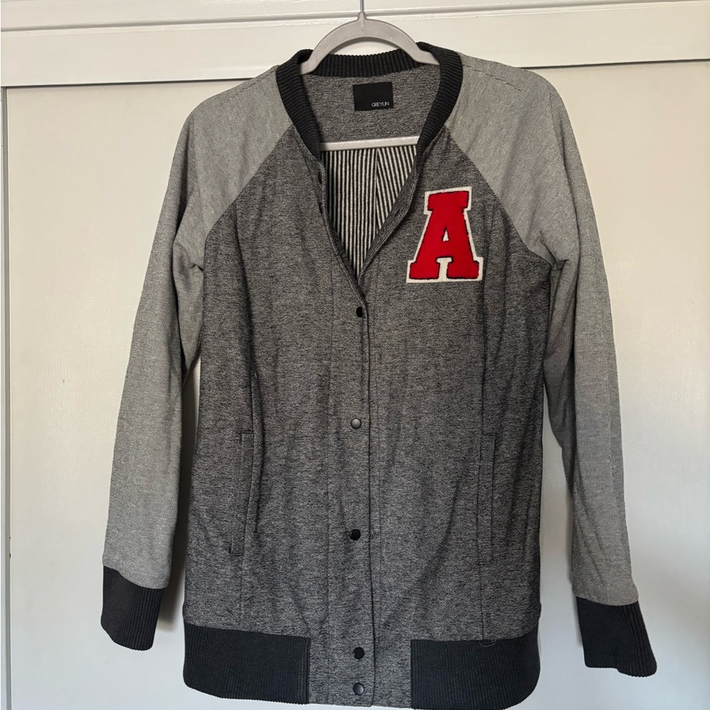 Greylin Greylin Gray and Black Varsity Jacket with Athletic Design nwot
